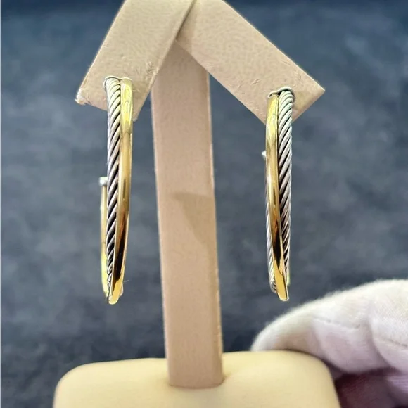 David Yurman 925 & 18k Gold Crossover Cable Hoop Earrings 1.75" - Picture 1 of 8